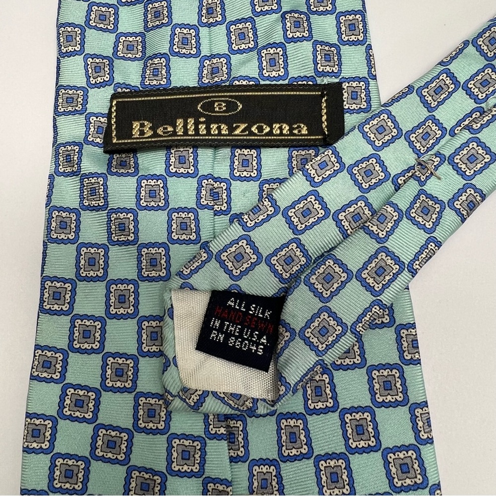 BELLINZONA Men's Necktie All Silk HAND SEWN in USA Designer Geometric Lt Blue